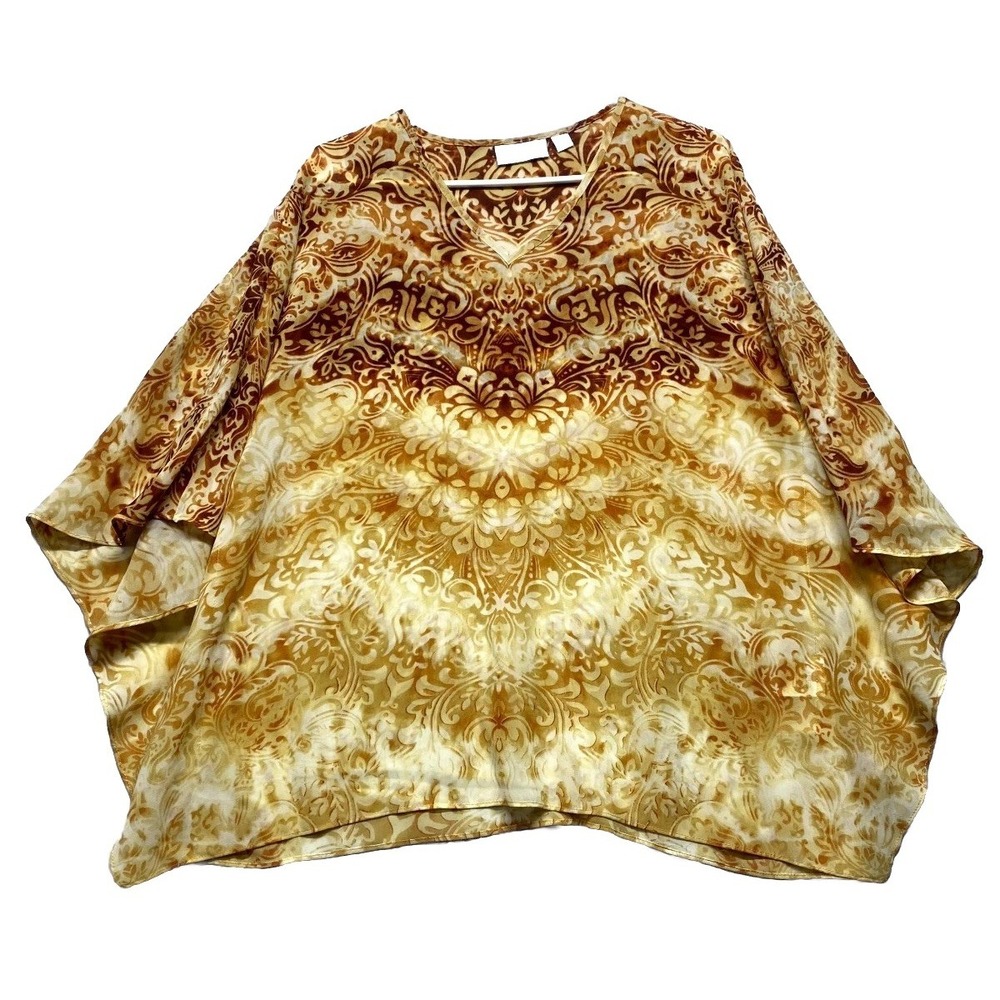 Belle By Kim Gravel Poncho Top Womens XS Yellow Brown Damask Print V-Neck
